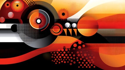 Abstract geometric art piece featuring bold shapes and warm color palette of orange red and black