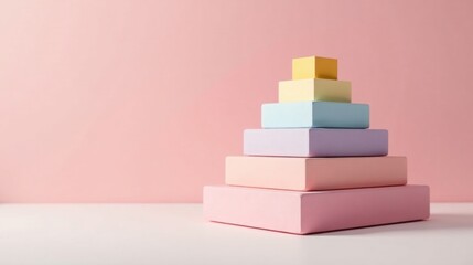 Pastel-Colored Blocks Arranged in a Pyramid Shape on a White Surface Against a Pink Background
