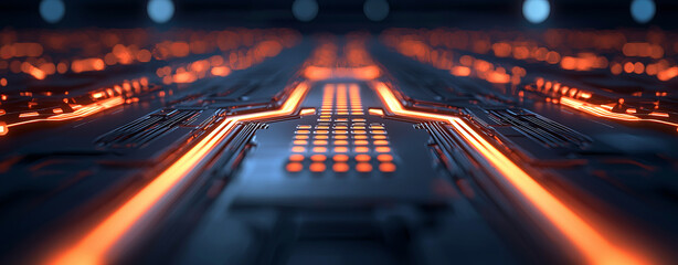 Futuristic glowing circuit board with orange lights and dark background