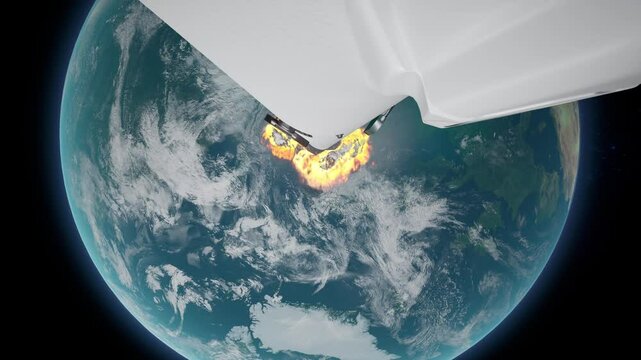 Space Rocket Flying Into Sky With Exhaust Flames. Camera Mounted On The Body Of The Rocket And Filming Straight Down, Earth Background