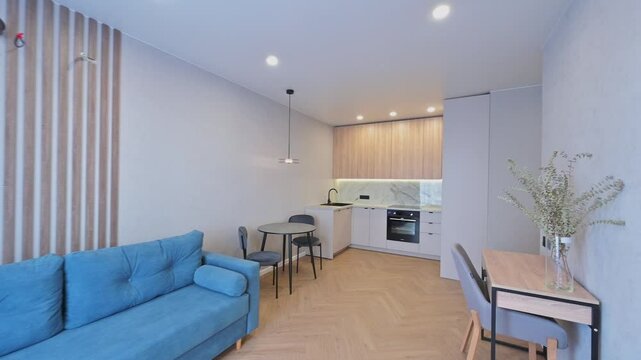 standard room interior apartment. view kind of decor home decoration in hostel house for sale. kitchen and dining room, refectory area, cooking equipment, table furniture, stove