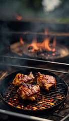 Delicious grilled chicken drumsticks glazed in barbecue sauce, seared on a grill, surrounded by outdoor settings and sunlight, evoking summer vibes and culinary delight, perfect for gatherings and out