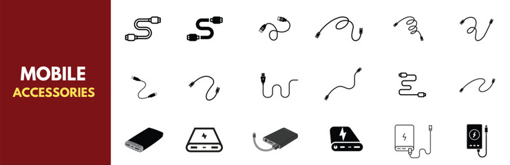 A comprehensive set of minimalist line icons depicting mobile phone accessories including SIM tools, cables, stands, earbuds, headphones, and connectors. Mobile gadgets.