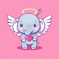 Fototapeta premium Cute elephant angel holding heart, valentines day