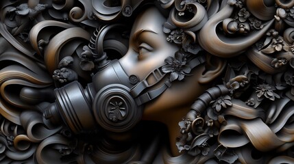 A sculpture of a person wearing a gas mask with metallic hair and flower details