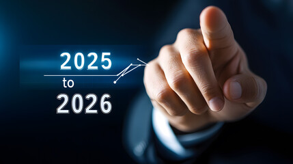 A hand pointing at a glowing futuristic digital interface displaying "2025 to 2026" with dynamic blue highlights and tech-inspired elements. Perfect for concepts of progress, technology, and 
