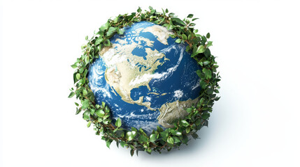Green leaves encircle a detailed Earth globe.
