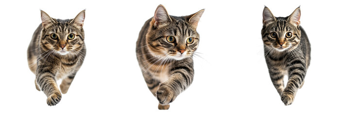 Obraz premium A Set of Agile Tabby Cat in Full Motion Dashing Forward Isolated on Transparent Background