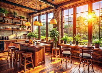 Fototapeta premium Cozy Coffee Shop Interior: Wooden Furniture, Bright Window Light, Relaxing Atmosphere