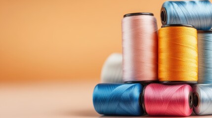 A visually appealing arrangement of vibrant spools of thread captures attention, emphasizing the beauty and diversity of colors used in sewing and crafts across various projects.