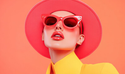 Bold Fashion Statement with Bright Colors and Accessories Featuring a Model in Pink Hat and Sunglasses Against an Orange Background