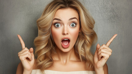Obraz premium Beautiful Surprised Woman Pointing Aside with Blank Space for Advertising Content