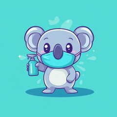 Fototapeta premium Cute koala wearing mask, holding sanitizer, hygiene