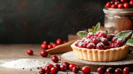 This enticing cranberry tart is beautifully arranged with fresh berries, dusted with sugar, showcasing a colorful and inviting dessert perfect for holiday festivities.