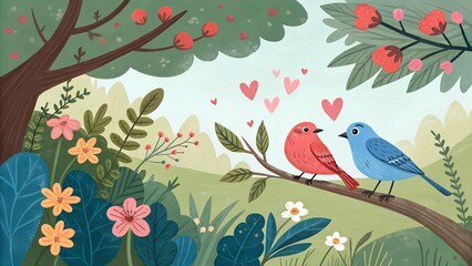 Natural greens and browns with vibrant bird colors like reds and blues valentine's day. (AI)