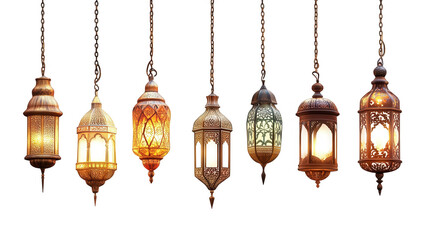 Ramadan design of traditional lanterns hanging, holy festival, Islamic month, isolated on white, PNG file
