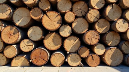 Fototapeta premium A tightly packed stack of sun-drenched, freshly cut logs, exhibiting a natural wood grain pattern and displaying various cross-sections showcasing the tree's rings