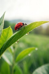 Fototapeta premium A close-up of a red ladybug perched on a green leaf, surrounded by soft sunlight and natural greenery. A beautiful depiction of nature's simplicity and charm.