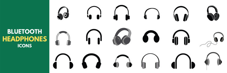 Vector illustrations of Bluetooth headphones in different shapes and styles. Ideal for music, technology, and communication themes.