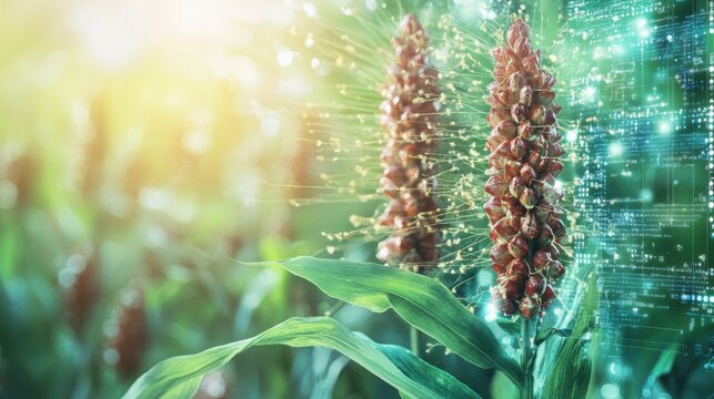 Vibrant close-up of corn plants illuminated by sunlight with a digital overlay of data visualization - Powered by Adobe