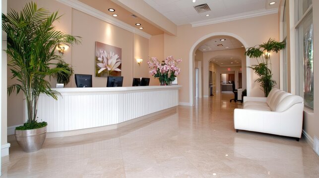 Elegant spa reception area with waiting lounge.  Relaxing atmosphere, marble floors. Ideal for wellness brochures