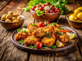 Fototapeta premium Crispy Fried Chicken Tenders with Salad & Potatoes - Long Exposure Stock Photo