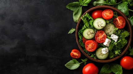 A classic Mediterranean salad filled with fresh greens, tomatoes, and cucumbers, topped with small cheese pieces, showcasing the essence of health and vibrant flavors.
