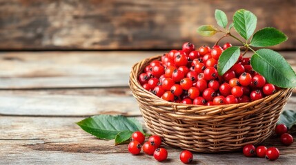 A basket of ripe summer berries sitting on a rustic wooden table.