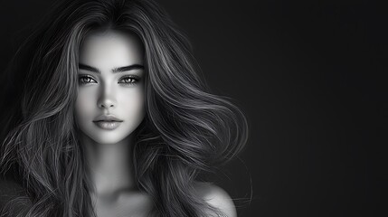 Fototapeta premium A refined woman with flowing long hair styled with volume her radiant smile enhanced by expertly applied makeup posing gracefully in front of a subtle black-grey gradient background Ultra-Realistic 