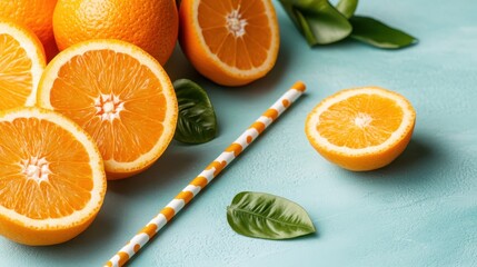 A beautifully arranged display of fresh oranges and cut slices with playful striped straws on a textured surface, exuding cheerful energy and summer vibes.