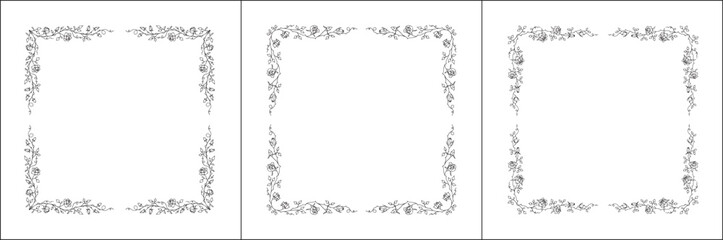 Set of three vector decorative frames, vegetal ornamental frame with rose flowers, decorative border, corners, black and white. Isolated vector illustration.