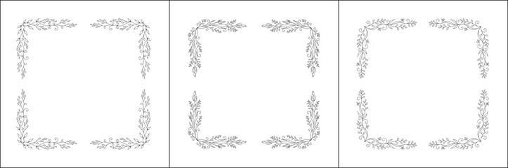 Set of three vector decorative frames, vegetal ornamental frame with leaves and flowers, decorative border, corners, black and white. Isolated vector illustration.