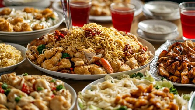 Chinese new year family food dumpling rice chowmein celebration feast asian oriental festival