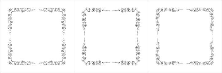 Set of three vector decorative frames, vegetal ornamental frame with rose flowers, climbing, decorative border, corners, black and white. Isolated vector illustration.