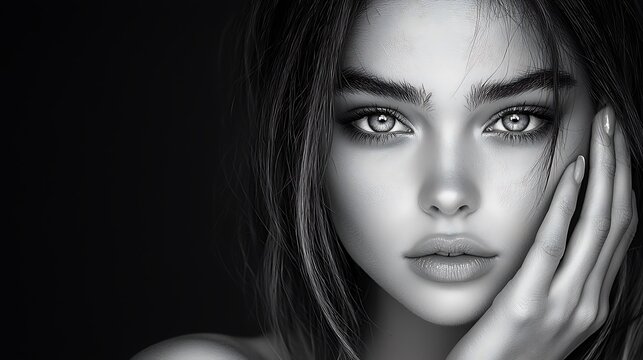 beautiful woman close up black and white photo editorial photoshoot smooth flawless skin high contrast dramatic lighting Ultra-Realistic Photo Realistic highly detailed 