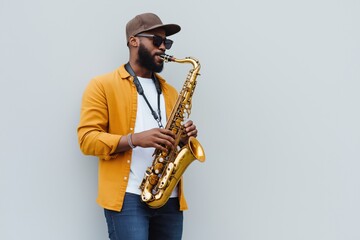 Naklejka premium A man in a yellow shirt is playing a saxophone. The saxophone is a large instrument with a gold finish. The man is wearing sunglasses and a hat. Concept of relaxation and enjoyment