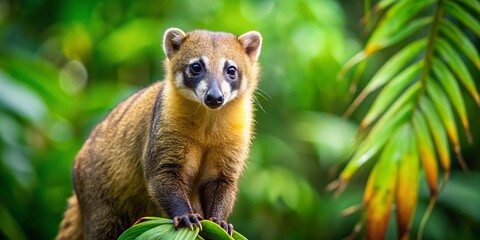 Obraz premium Curious Ring-Tailed Coati Exploring Rainforest - South American Wildlife Stock Photo