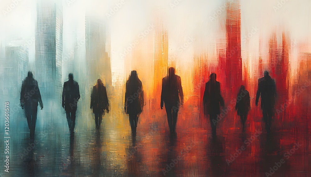Poster silhouetted figures walking towards a colorful urban landscape at dusk, creating a dreamy atmosphere