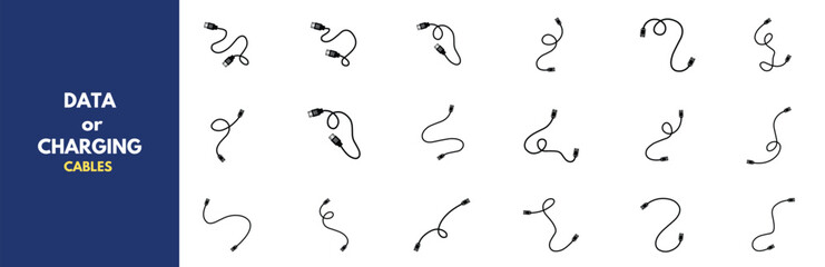 A minimalist collection of line icons featuring various data and charging cables including USB, lightning, aux, and power connectors. Clean black and white design ideal for tech interfaces, websites.