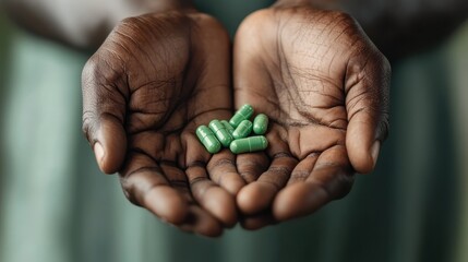 A striking image featuring hands holding an array of green capsules, showcasing the vital role of pharmaceuticals in health maintenance and emotional well-being.