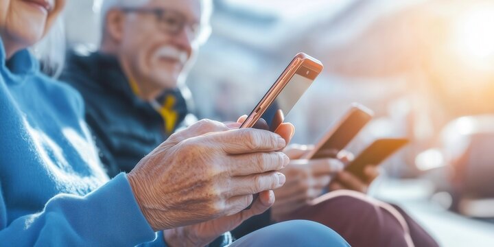 Group of elderly people sitting together, happily using smartphone, embracing technology and social connection outdoors.