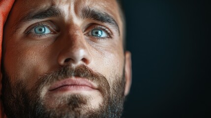 Fototapeta premium A striking close-up of a somber man, his piercing blue eyes highlighted against a dark background, capturing a moment of introspection and deep thought in an artistic manner.