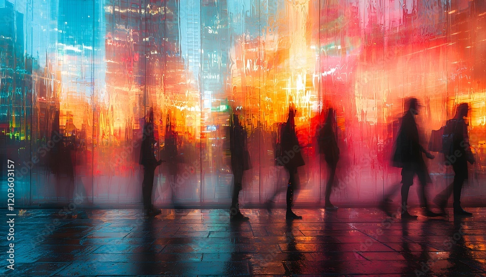 Poster silhouetted people walking through colorful urban scenery with blurred lights and reflections creati