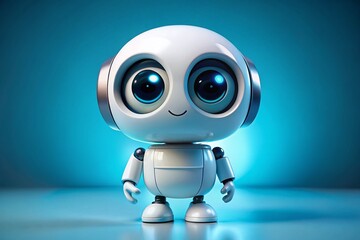Cute White Robot Character Posing on Vibrant Blue Background - Stock Photo