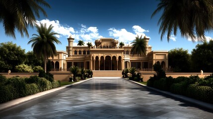 Obraz premium Grand Palace with Palm Trees and Blue Sky, a Luxurious Estate under a Clear Sky