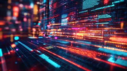 Vibrant digital landscape showcasing flowing data streams with a futuristic city backdrop