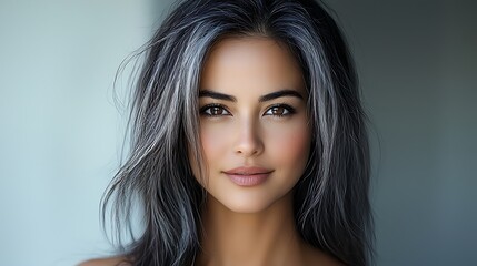 Fototapeta premium Close-up of 35-year-old Brazilian woman, graceful aging, brunette hair with subtle highlights, confident gaze, natural beauty, ultra-realistic, photo-realistic, highly detailed, 