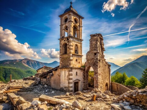 Damaged Campanile of Sant'Antonio Church in Visso, Italy after Earthquake