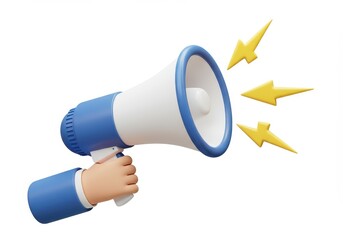 A 3D illustration of a hand with a blue sleeve gripping a white and blue megaphone isolated on white background