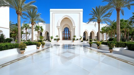 Obraz premium Luxurious White Palace Entrance with Palm Trees and Water Feature